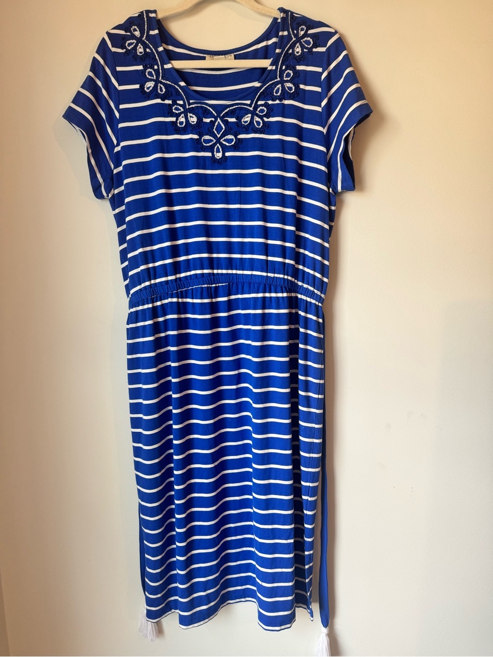 Appleseed's Blue and White Striped Tie-Waist Midi embroidered Dress - Picture 5 of 10
